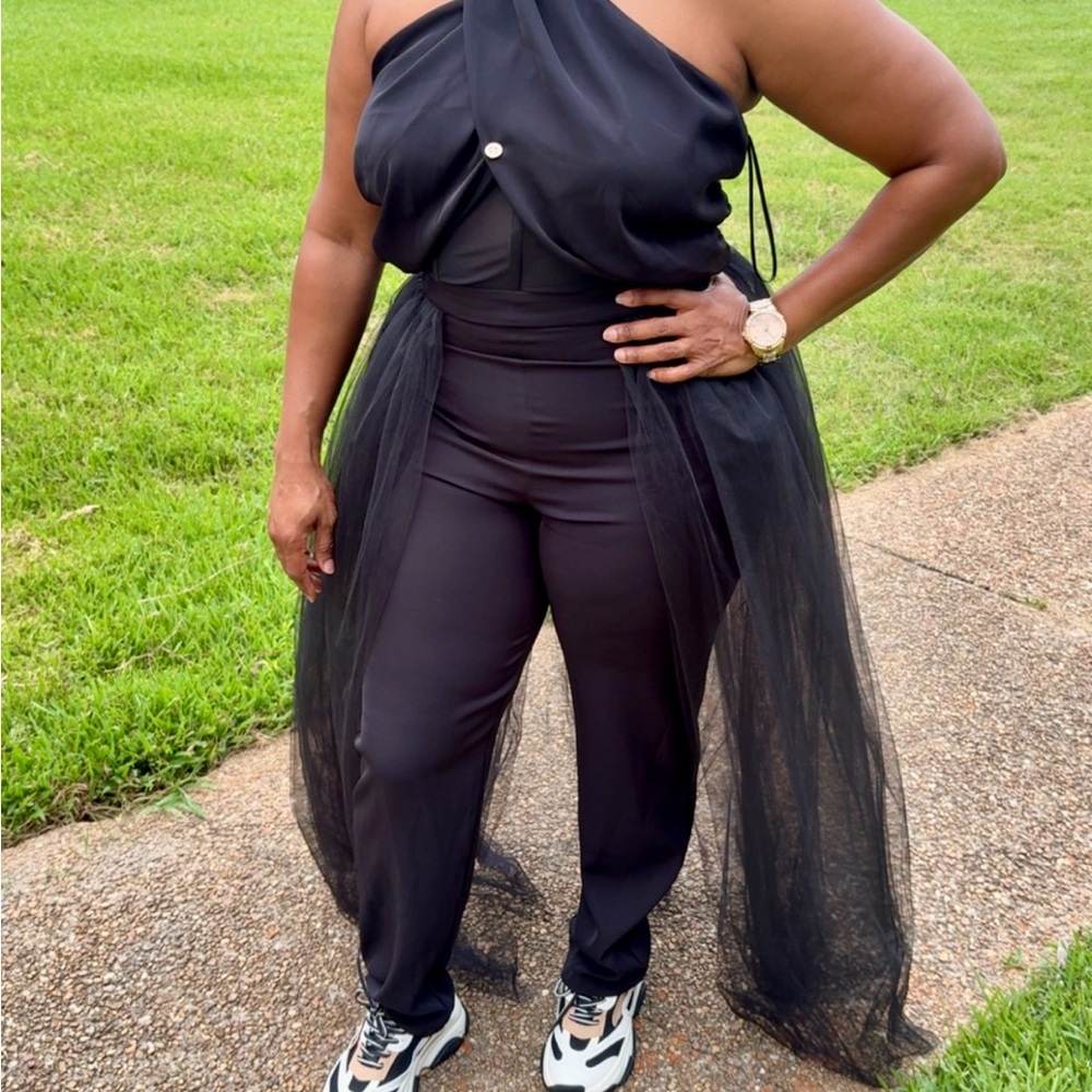 Elegant Black Jumpsuit with Sheer Overlay
